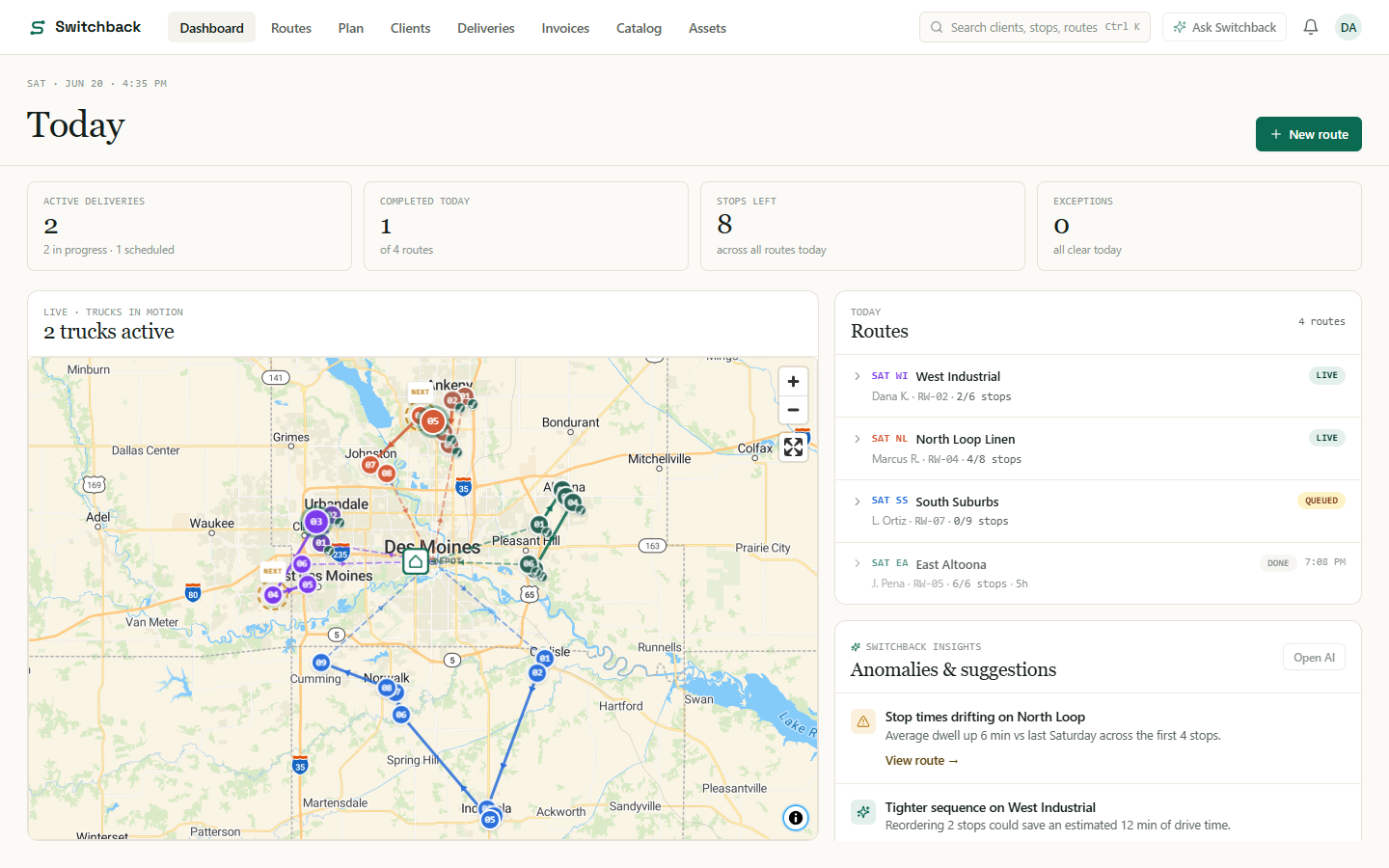 The Switchback dispatcher dashboard — live trucks on the Des Moines map with today's routes