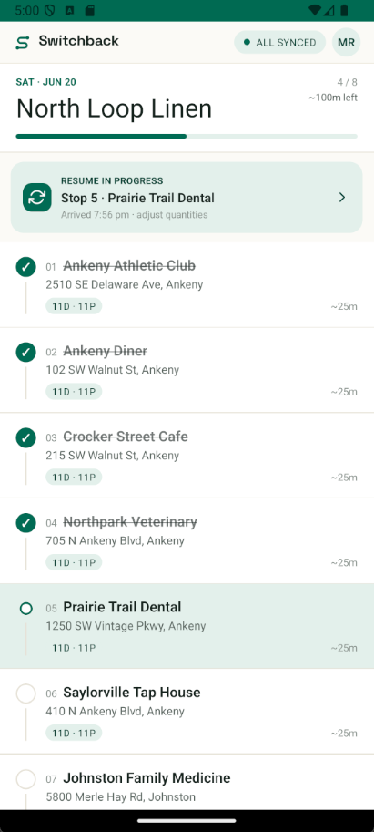 The Switchback driver app — today's run sheet for North Loop, stop by stop